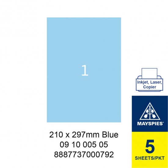 MAYSPIES 09 10 005 05 LABEL FOR INKJET / LASER / COPIER 5 SHEETS/PKT BLUE 210X297MM